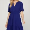 Ruffled Hem Notched Flutter Sleeve Mini Dress - Navy