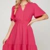 Ruffled Hem Notched Flutter Sleeve Mini Dress - Strawberry