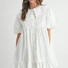 Ruffled Hem Peter Pan Collar Button Down Mini Dress - Off White