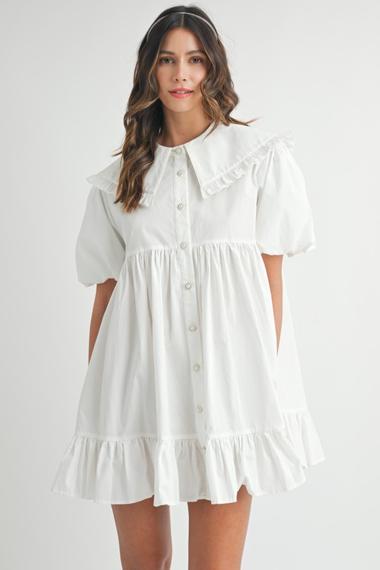 Ruffled-Hem-Peter-Pan-Collar-Button-Down-Mini-Dress-Off-White Ruffled Hem Peter Pan Collar Button Down Mini Dress - Off White