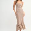 Ruffled Hem Sleeveless Crochet Knit Midi Dress - Mocha