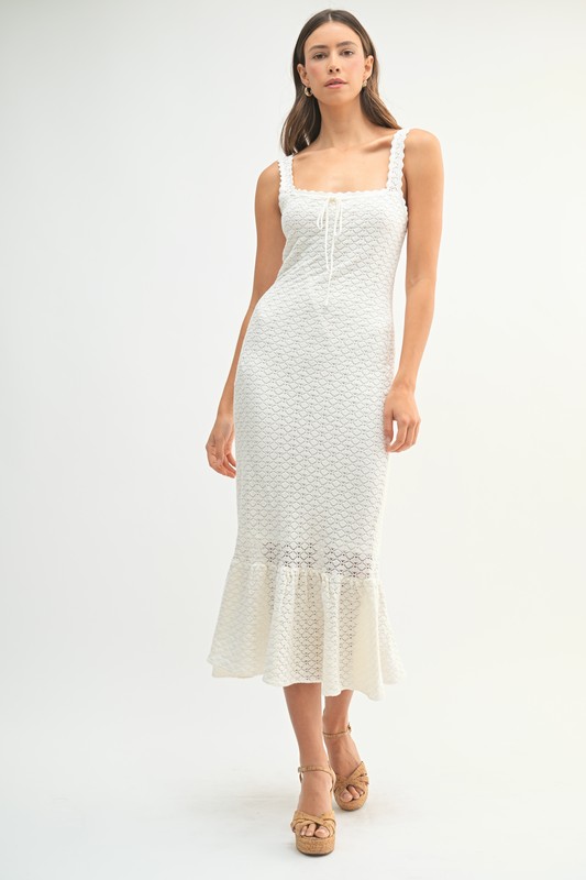 Ruffled Hem Sleeveless Crochet Knit Midi Dress - Off White