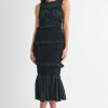 Ruffled Popcorn Smocked Mermaid Midi Dress - Black