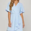Ruffled Surplice Short Flutter Sleeve Mini Dress - Light Blue