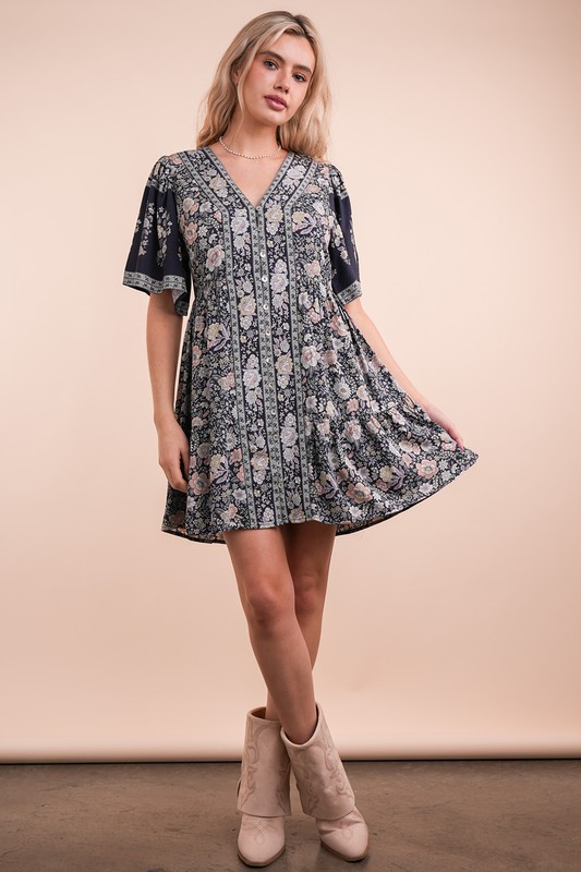 Shirring Detail Printed Woven Mini Dress - Navy Mix