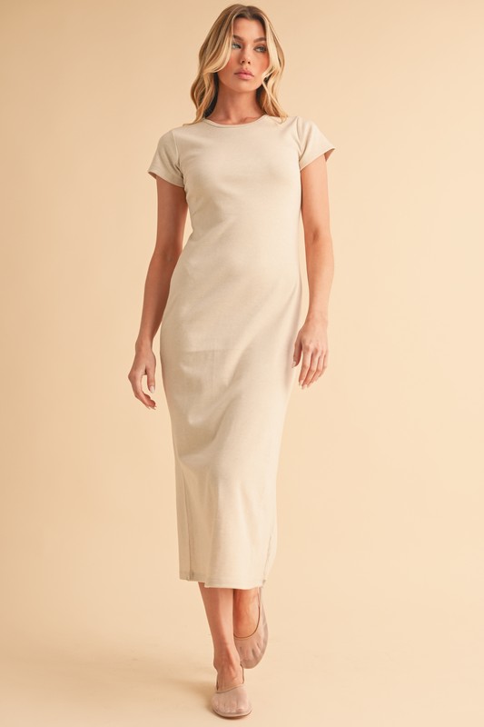 Short-Sleeve-Midi-Tee-Dress-Oat Short Sleeve Midi Tee Dress - Oat