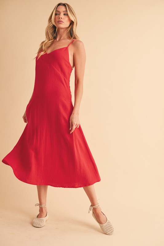 Side-Button-Midi-Cami-Dress-Red Side Button Midi Cami Dress - Red