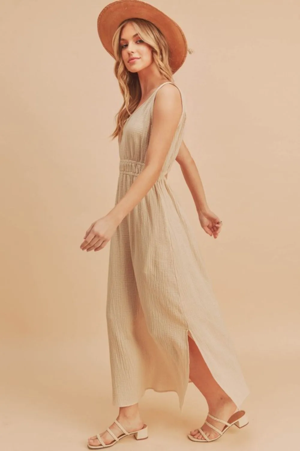 Side-Slit-Round-Neck-Sleeveless-Tank-Dress-Oatmeal-2
