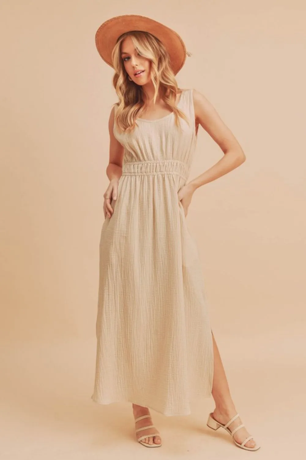Side-Slit-Round-Neck-Sleeveless-Tank-Dress-Oatmeal Side Slit Round Neck Sleeveless Tank Dress - Oatmeal