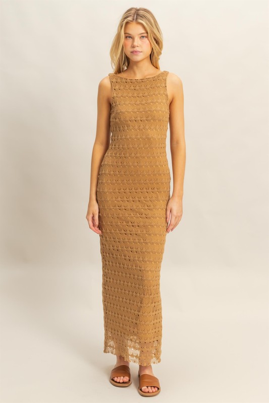 Sleeveless-Crochet-Open-Back-Maxi-Dress-L.Brown Sleeveless Crochet Open Back Maxi Dress - L.Brown