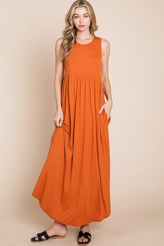 Sleeveless Maxi Dress with Pockets - Rust