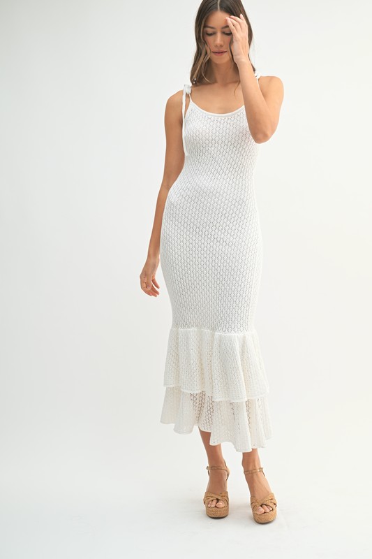 Sleeveless Shoulder Tie Rose Knit Midi Dress - Off White