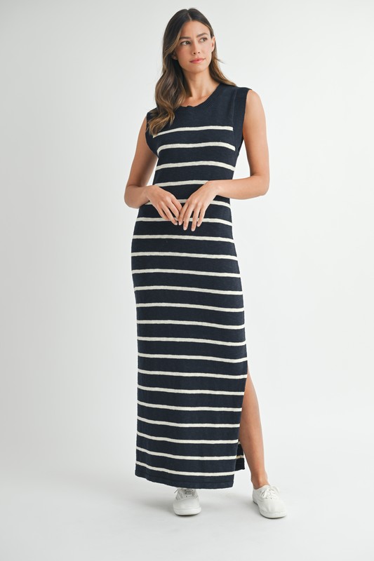 Sleeveless Stripe Sweater Maxi Side Slit Dress - Navy