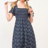 Smocked Floral Print Flutter Sleeve Midi Dress - Navy