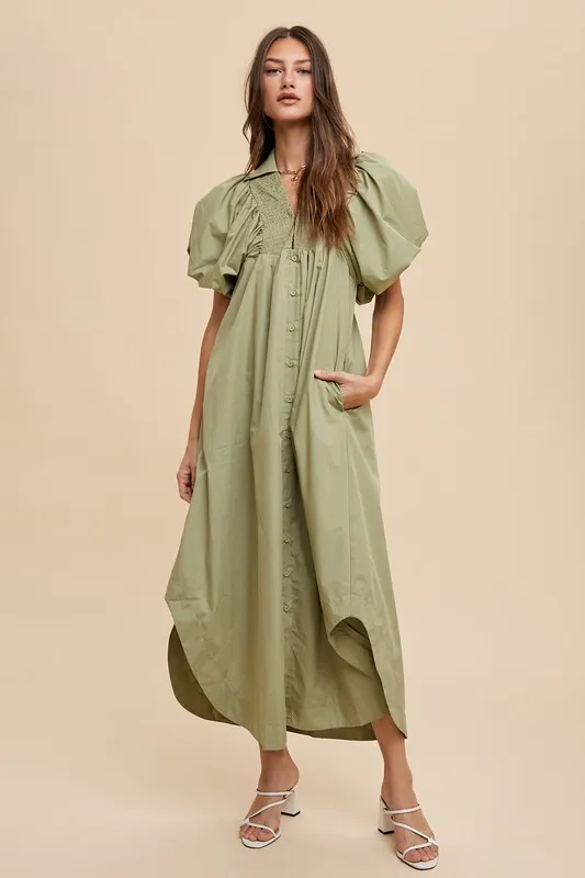 Smocked Puff Sleeve Midi Dress - Desert Sage