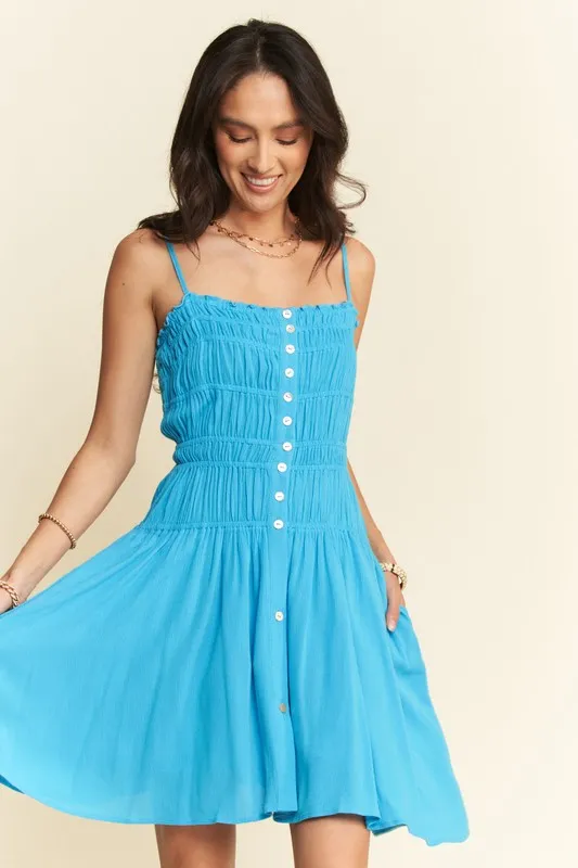Smocking-Bodice-Sleeveless-Button-Down-Mini-Dress-Azure-1