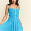 Smocking Bodice Sleeveless Button Down Mini Dress - Azure