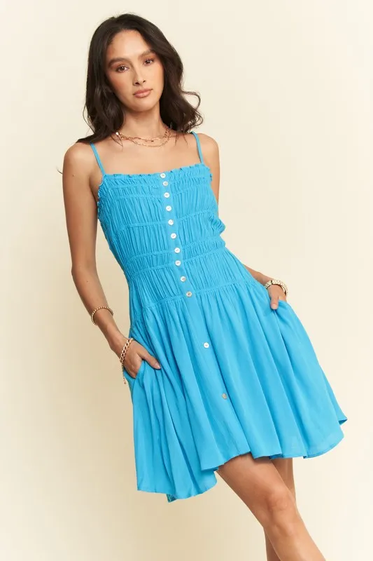 Smocking-Bodice-Sleeveless-Button-Down-Mini-Dress-Azure-3