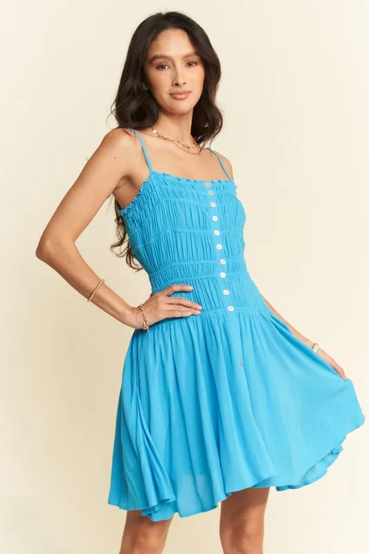 Smocking-Bodice-Sleeveless-Button-Down-Mini-Dress-Azure-4