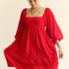 Solid Textured Fabric Puff Sleeve Tie Back Dress - Red