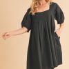 Square Neck Babydoll Dress with Pockets - Black