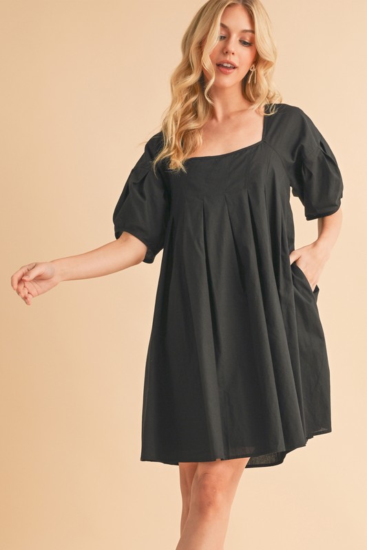 Square-Neck-Babydoll-Dress-with-Pockets-Black Square Neck Babydoll Dress with Pockets - Black