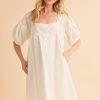 Square Neck Babydoll Dress with Pockets - White