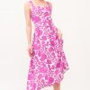 Square Neck Belted Floral Printed Midi Dress - Magenta