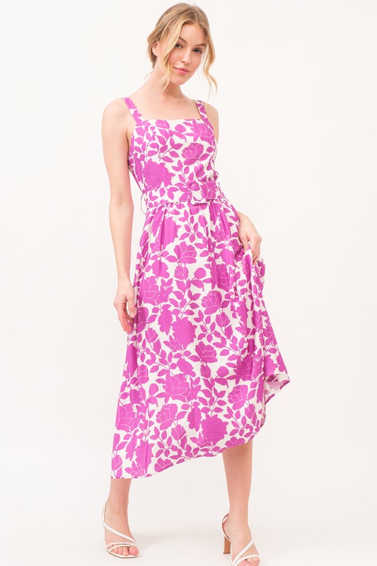 Square Neck Belted Floral Printed Midi Dress - Magenta