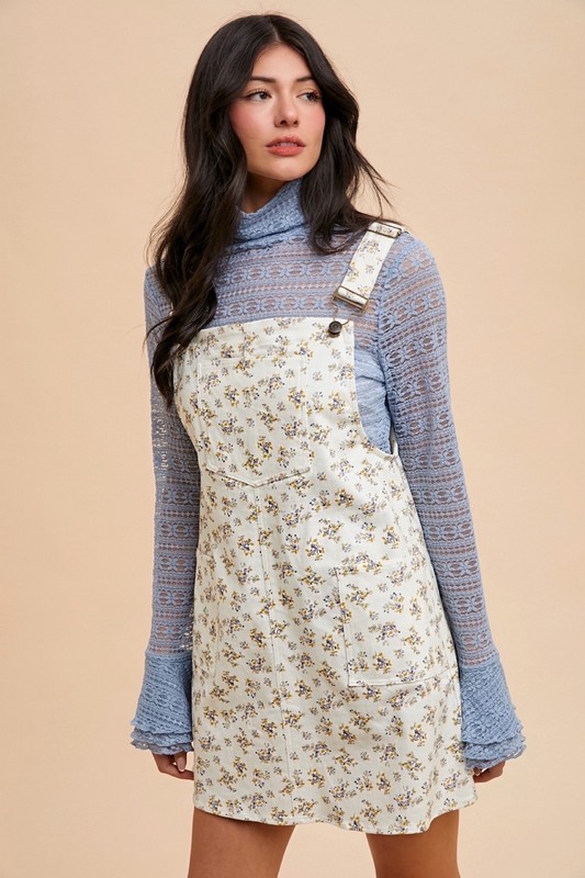 Stretch Ditsy Print Denim Overall Mini Dress - Ivory