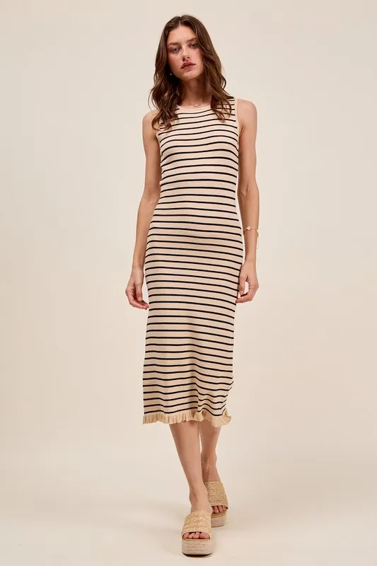 Stripe Sleeveless Sweater Knit Maxi Dress With Ruffled Hem - Oatmeal/Black