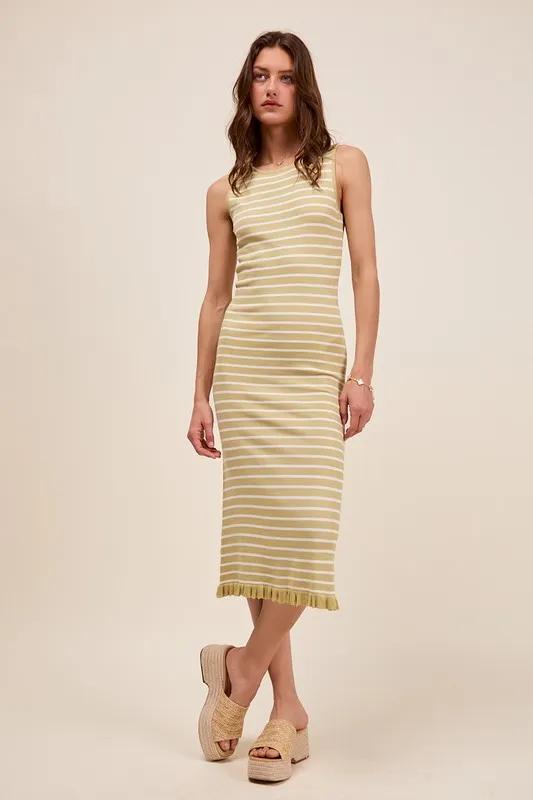 Stripe Sleeveless Sweater Knit Maxi Dress With Ruffled Hem - Sage/Off White