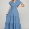 Surplice Short Sleeve Tiered Maxi Dress With Pockets - Cerulean
