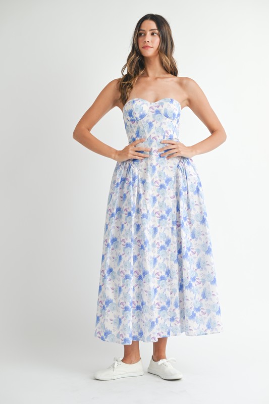 Sweetheart Neckline Floral Printed Midi Dress - Blue