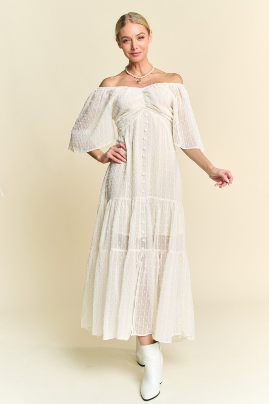 Swiss Dotted Ruched Ruffle Open Back Midi Dress - Cream Beige