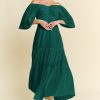 Swiss Dotted Ruched Ruffle Open Back Midi Dress - Forest Green