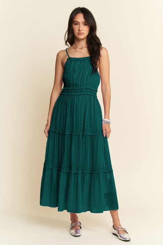 Texture Swiss Dot Ruffle Square Neck Midi Dress - Forest Green