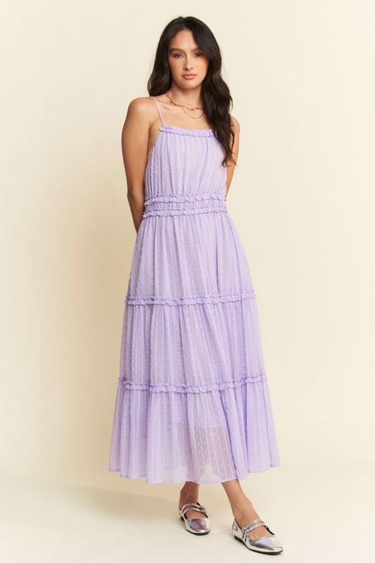 Texture Swiss Dot Ruffle Square Neck Midi Dress - Lavender
