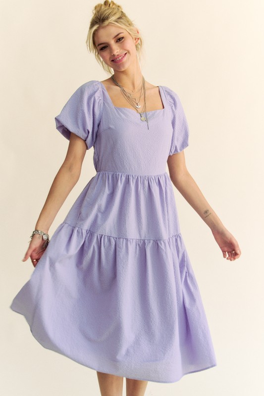 Textured Fabric Short Puff Sleeve Midi Dress - Lavender