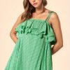 Textured Jacquard Checker Fabric Ruffled Dress - Ibiza Green