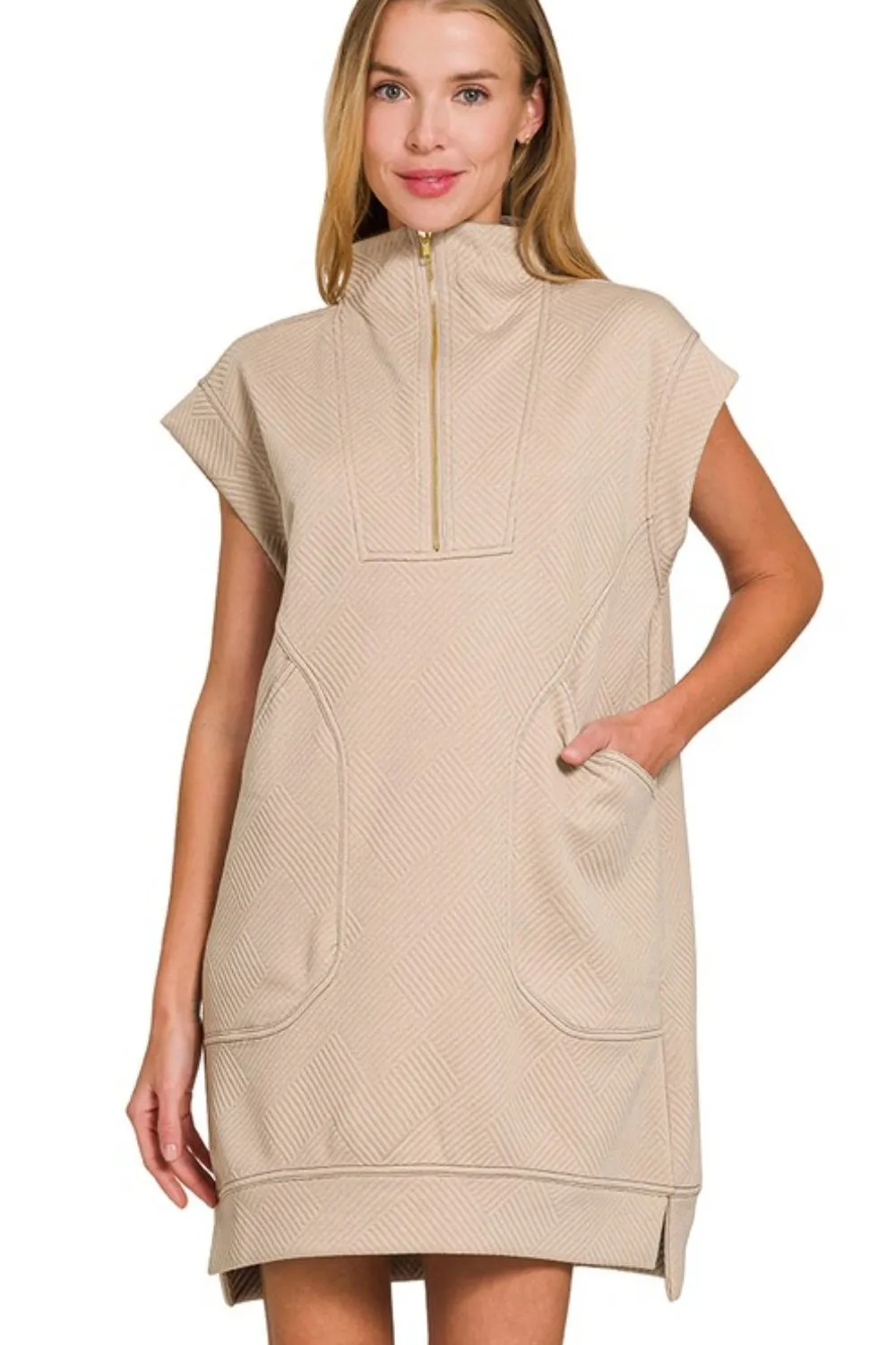 Textured Knit Jacquard Quarter Zipper Mini Dress - Ash Mocha