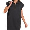 Textured Knit Jacquard Quarter Zipper Mini Dress - Black