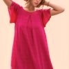 Textured Ruffle Boat Neck Shift Dress - Fuchsia