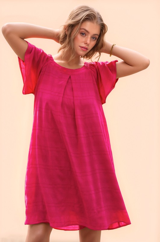 Textured Ruffle Boat Neck Shift Dress - Fuchsia