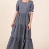 Textured Short Sleeve Tiered Dress - Charcoal