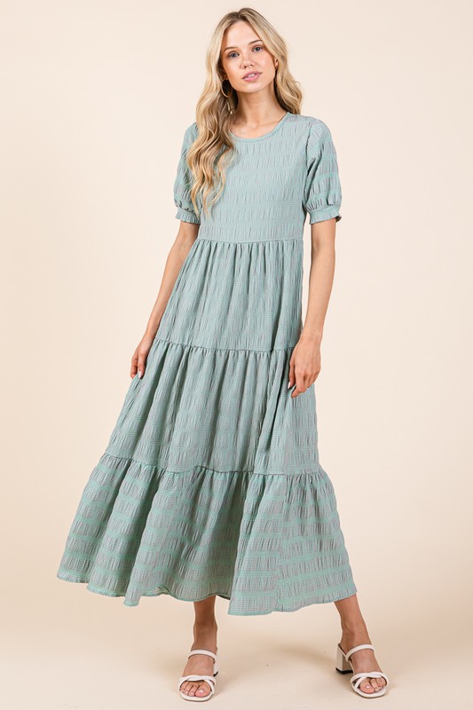 Textured Short Sleeve Tiered Dress - Mint