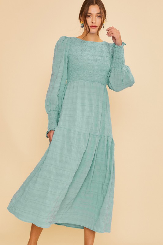 Textured Smocking Bodice Tiered Midi Dress - Bt Teal