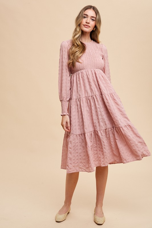 Textured Smocking Bodice Tiered Midi Dress - Mauve