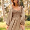 Textured Woven Smocked Dress - Stone