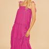 Tie Cami Elastic Detail Frill Tiered Midi Dress - Hot Pink